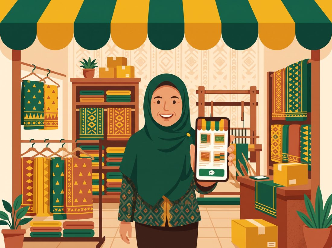 Pemilik toko tenun memegang HP berisi toko online buatan TinggalJual